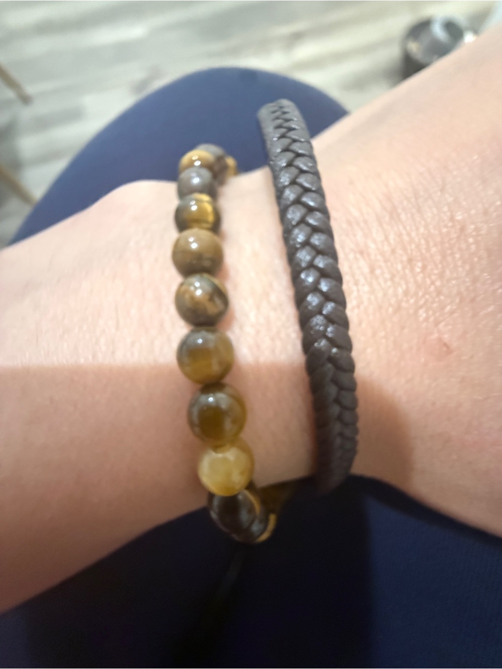 Beaded Tiger Eye Bracelet with Braided Brown Leather Cuff